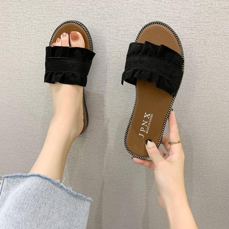 Spring and summer new lace one-word slippers flat heel casual women's sandals women's shoes student flat beach shoes