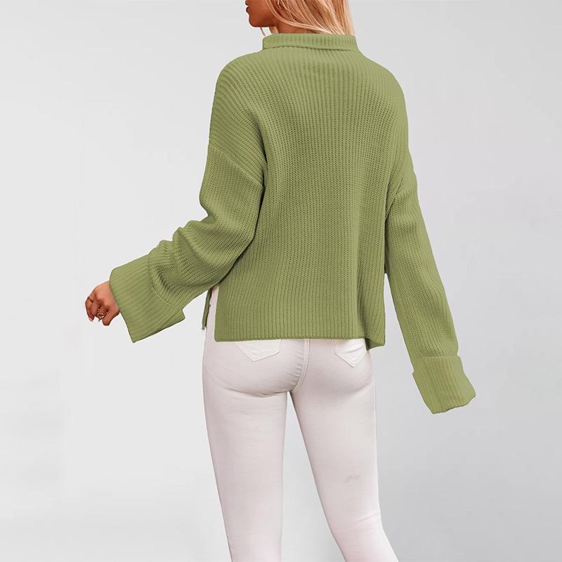 New Autumn and Winter Temu Hot Sale Solid Color Flared Sleeve Pullover Crew Neck Sweater Women's Knitted Sweater