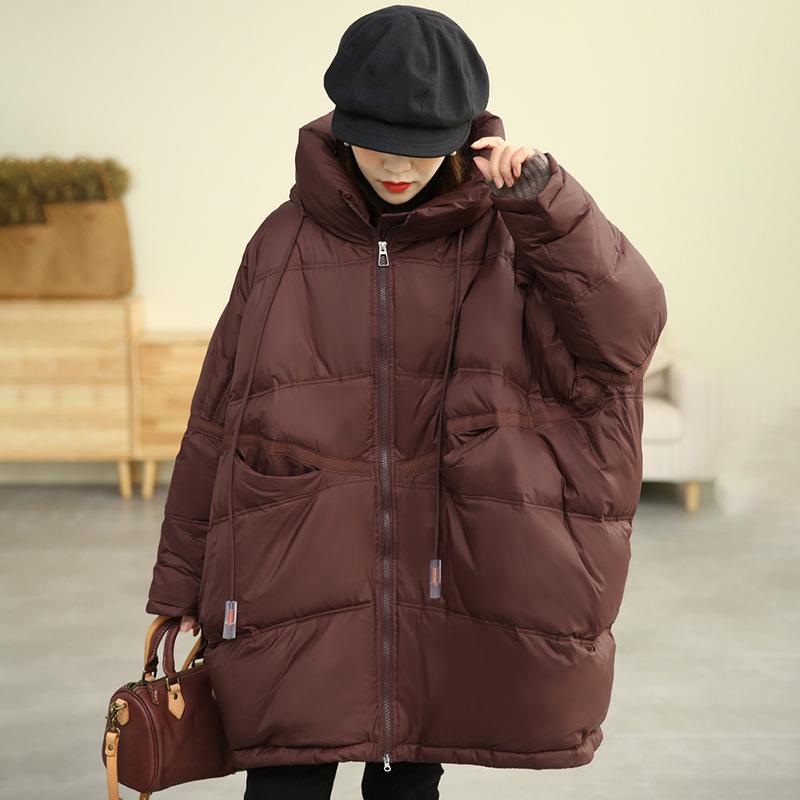 Women's Mid-Length Hooded Patchwork Pendant Down Jacket - Plus Size, Loose Fit, White Duck Down, Autumn/Winter Style