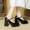 High heels women's 2025 new temperament celebrity waterproof table French thick heel square head Mary Jane shoes one-word buckle belt