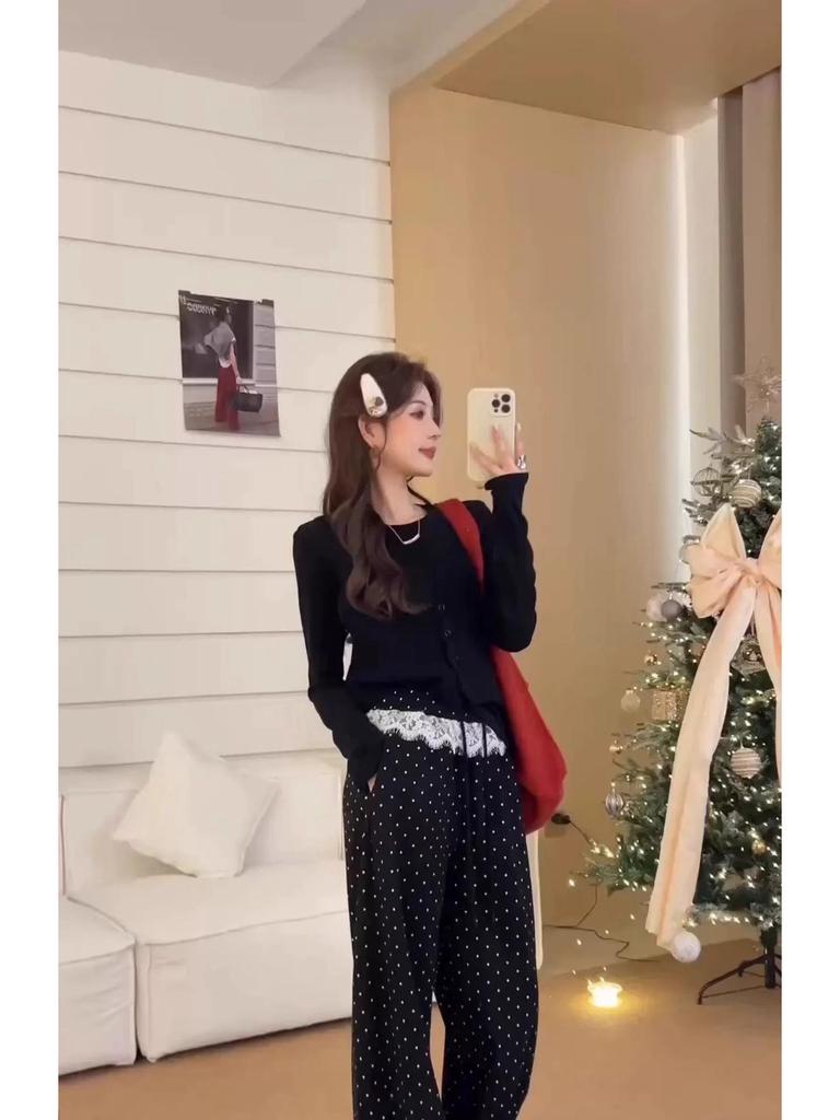 Korean Lace Trim Polka Dot Casual Wide Leg Pants for Women, Elastic Waist, Slim Fit, Spring/Autumn