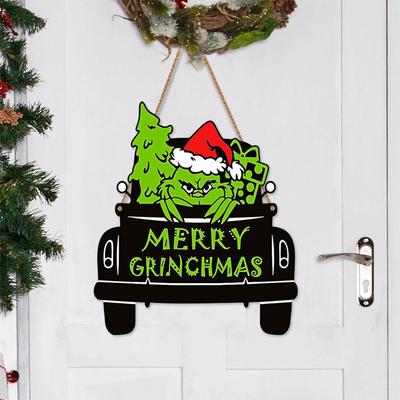 Décoration Panneau Joyeux Grinchmas Pendentif de Porte d'Entrée Éléments Muraux de Noël pour Porche de Ferme Extérieur Intérieur Hiver Panneau de Noël en Bois Grinch