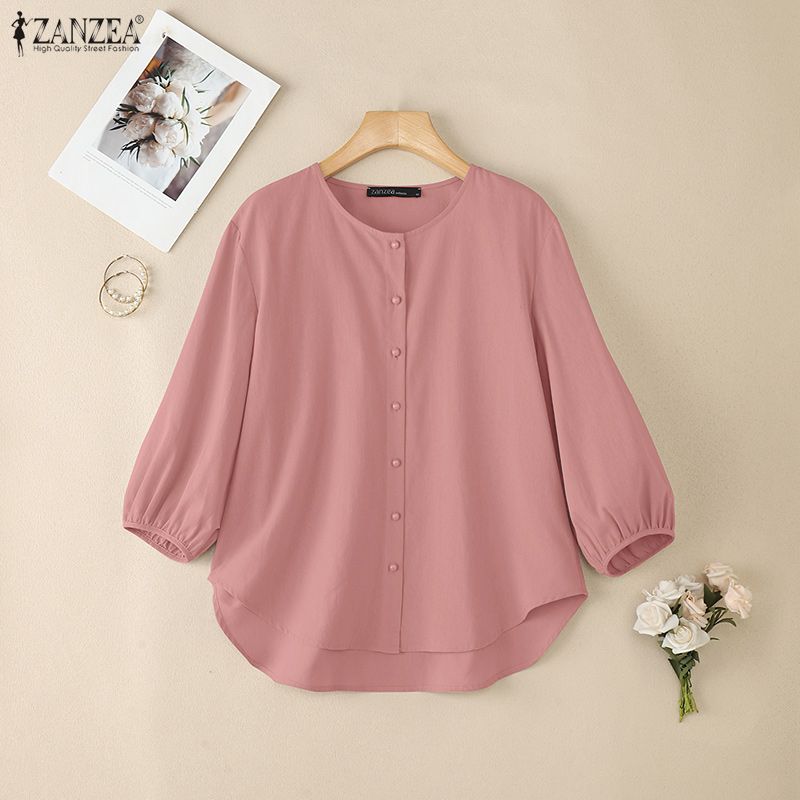 ZANZEA Damen Freizeit Rundhals Einfarbig 3/4 Ärmel Bluse
