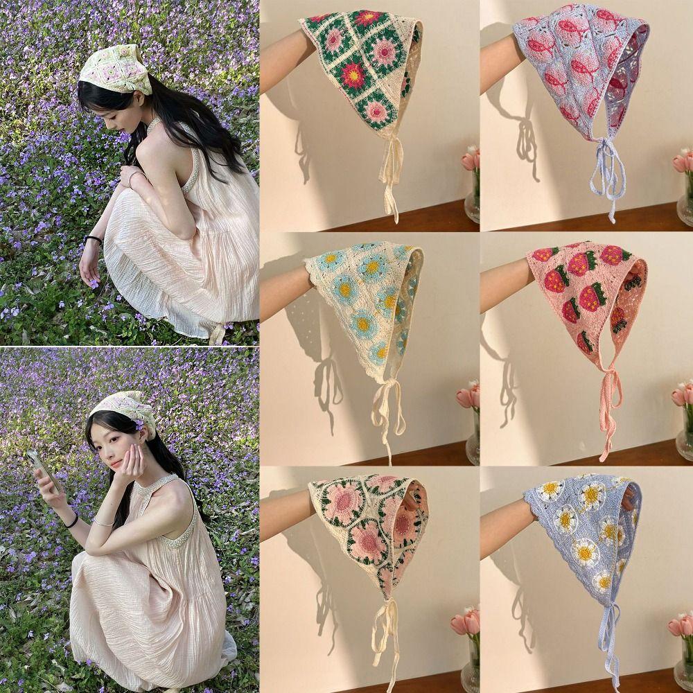 Retro Knitted Headband Floral Women Hair Scarf Elegant Triangle Turban Beach Headwear