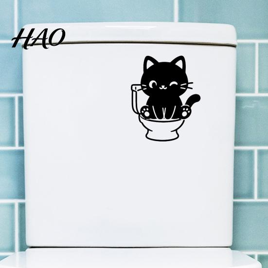 Funny Bathroom Wall Art Black Cat Toilet Sticker, Cute Cartoon Decal, Decorative Tiles Stickers PVC Waterproof Removable Tank Sticker for Washroom