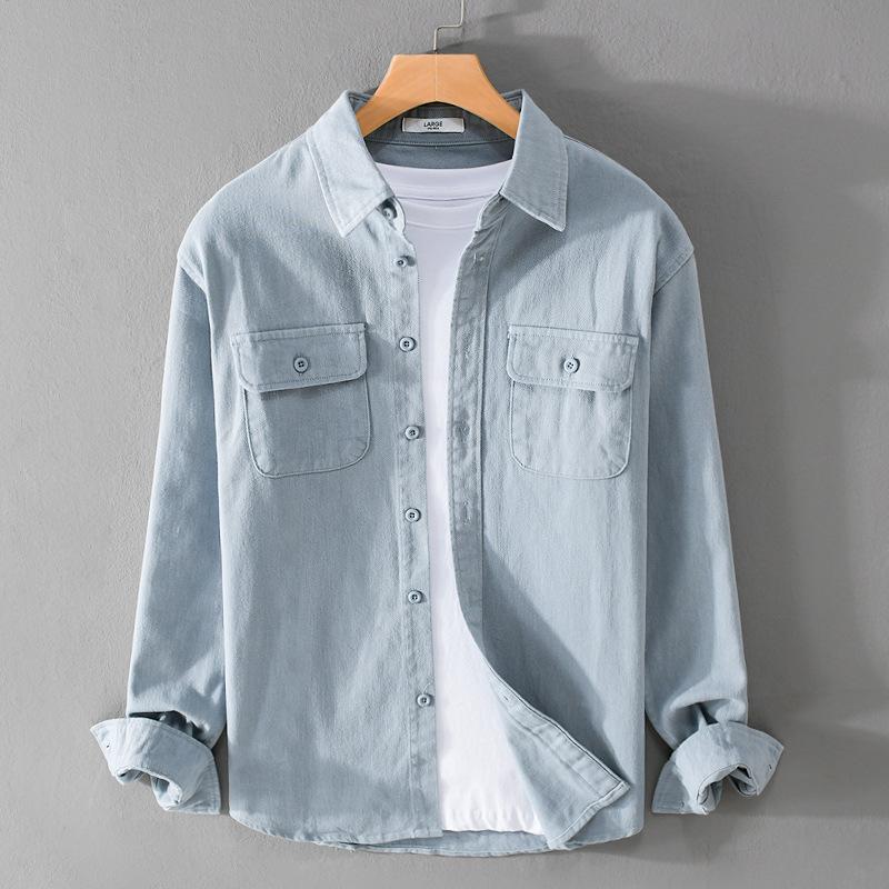 Autumn Cargo Shirts for Men Lapel Collar Double Pockets Long Sleeve Casual Shirt Youth Popular Pure Cotton Comfortable Top Nice Quality