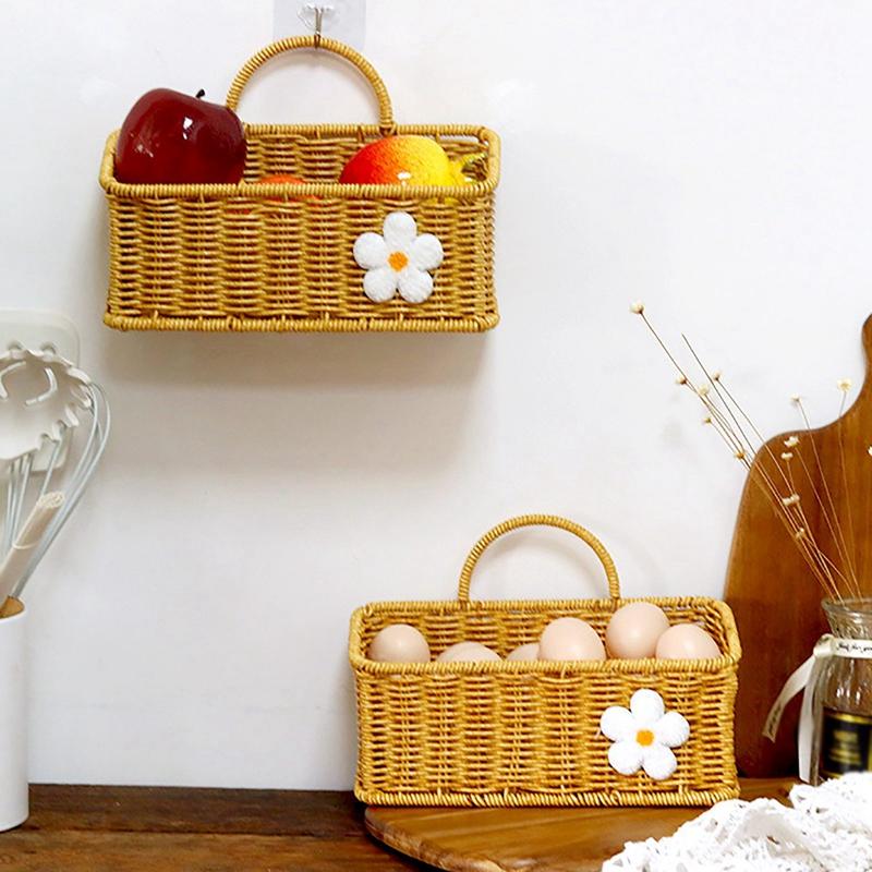 1PC Multipurpose Imitation Rattan Wall Mount Basket with Hanging Handle Decor Hand Woven for Toys Snacks Vegetable Ginger Garlic