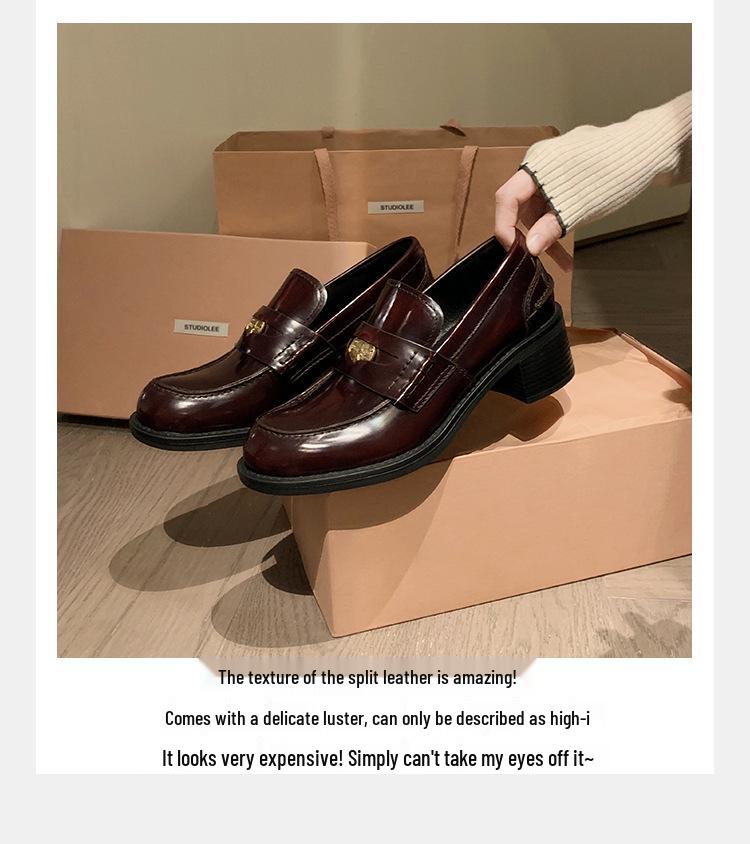 Women's Sheepskin Leather Slip-On Loafers with Chunky Heel and Coin Detail in Grape