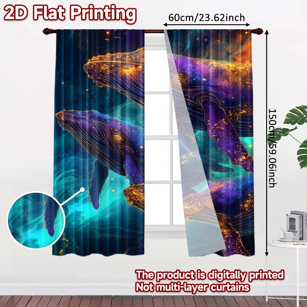 Set Of 2 Modern Flat Printing Curtains Without Rod Galactic Whales Ocean Fashionable Curtainments During Easter Holiday Curtain Polyester