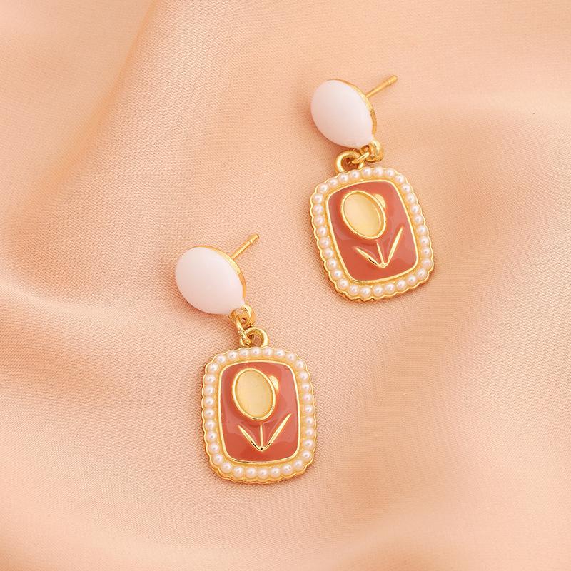 S925 Tulip Opal Earrings Sugar Cube Pearl French Vintage Earrings Cream Delicate Earrings