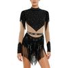 Maillot de patinage artistique pour femme à manches longues, body à paillettes et franges, entrejambe ouvrable, fermeture éclair dans le dos, combinaison de couleur contrastante avec strass