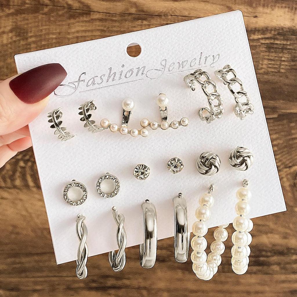 6-teiliges Übertriebenes Geometrisches Perlen- & Strass-Ohrring-Set für Damen