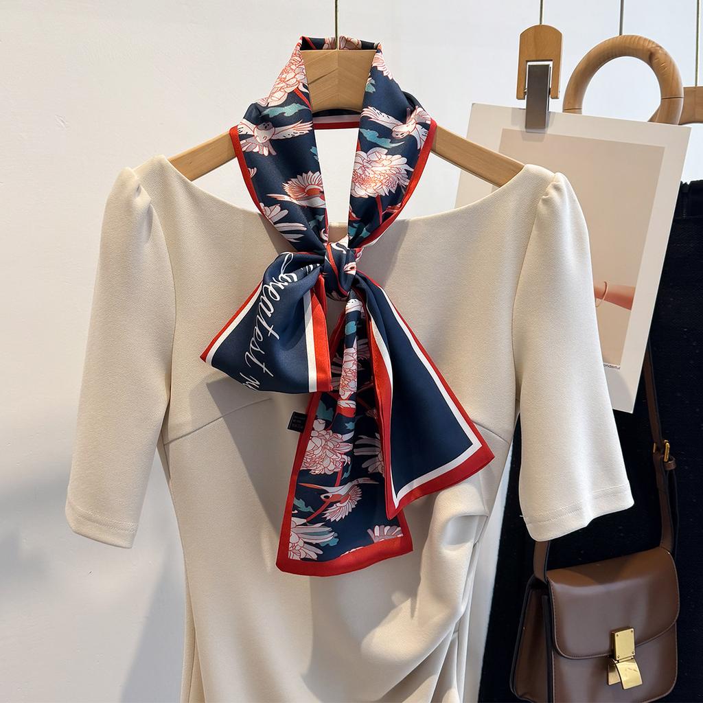 Spring Summer Choice 2025 Women's Satin Silk Neckerchiefs Bright Color Thin Narrow Double-layer Printing Long Ladies Neck Scarfs
