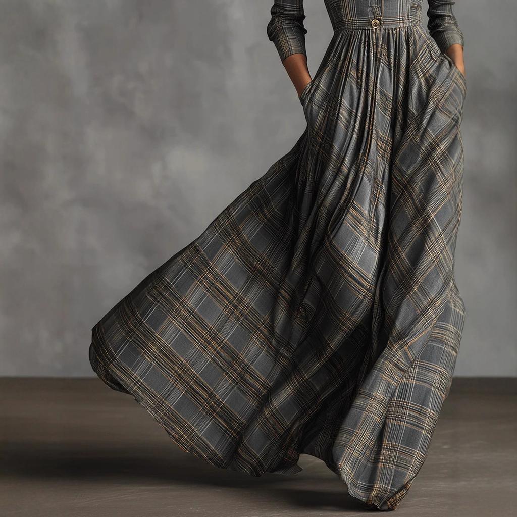Long Sleeve V-Neck Plaid Dress with Button Front and Pockets