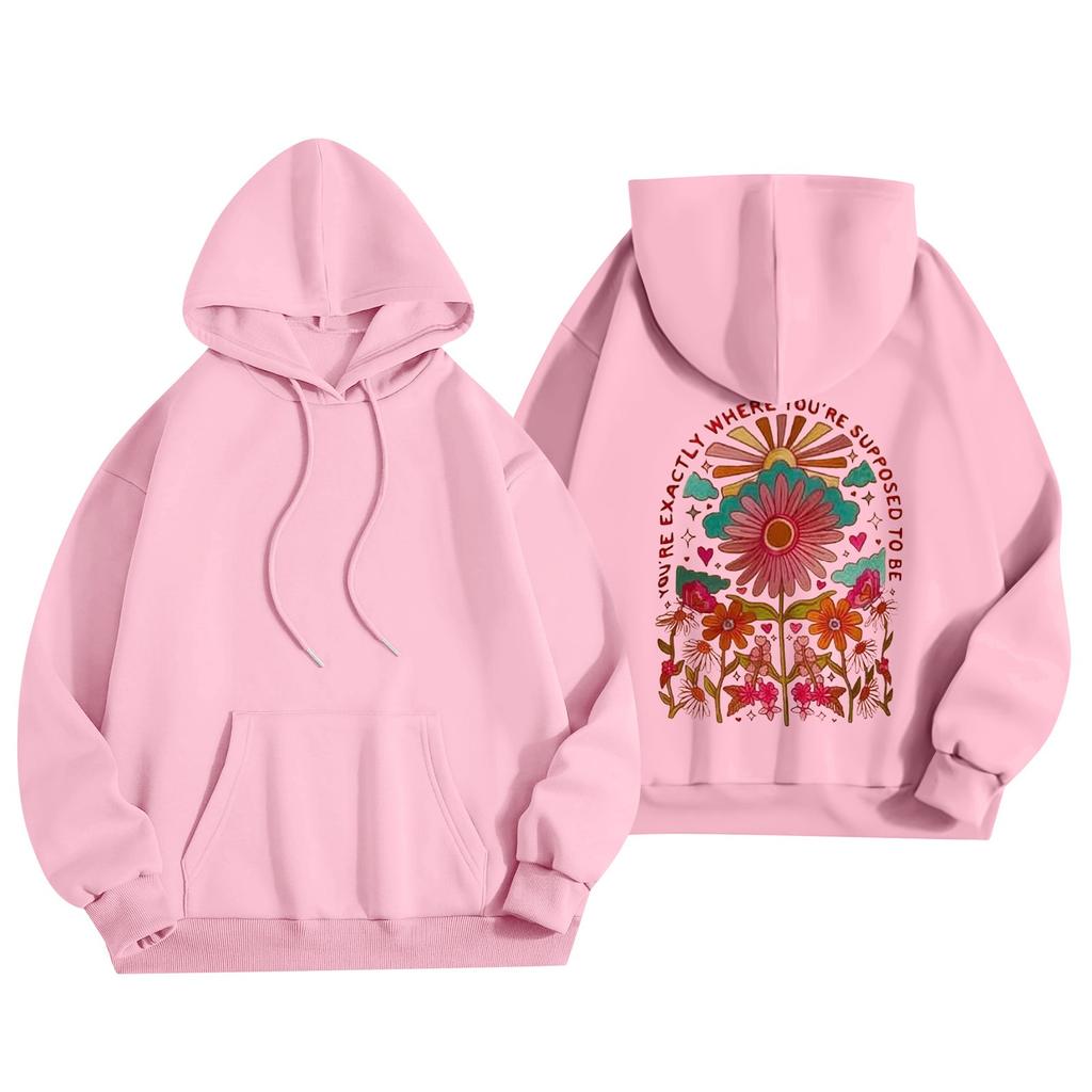 Damenmode Damen Leichter Langarmpullover mit Taschen Preppy Graphic Hoodie