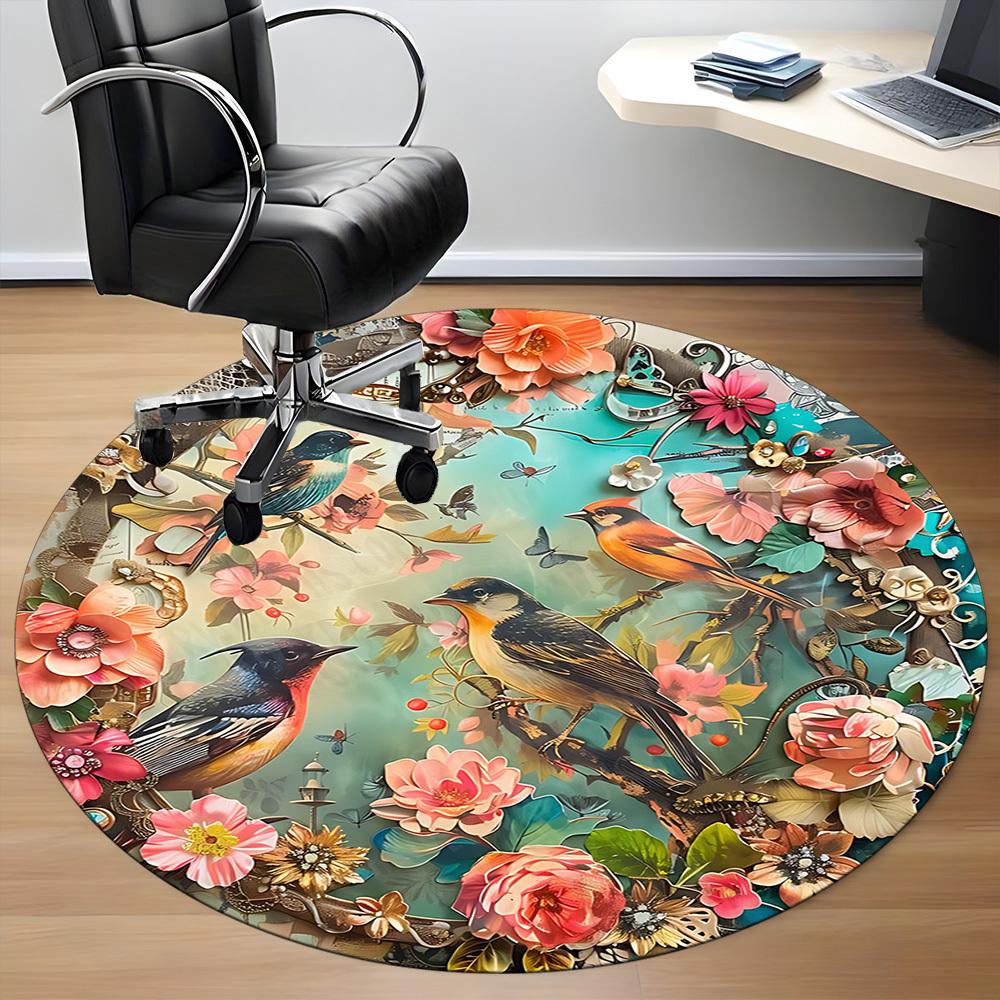 1PC Floral Birds Office Round Area Rug, Mat Suitable For Office, Under Office Chairs Bedroom Living Room Home Decor, Room Deco