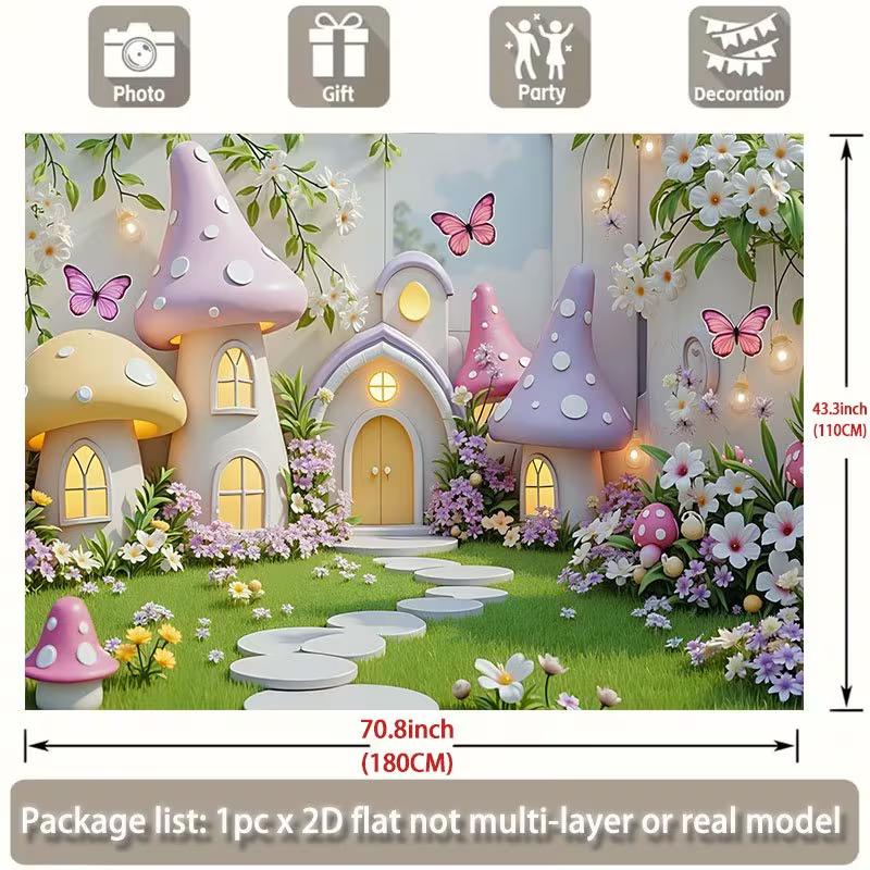 

2D Fairy Tale Garden Backdrop with Mushroom Cottages & Butterflies Party Photo Booth Background 47.2x31.5inch/120*80cm