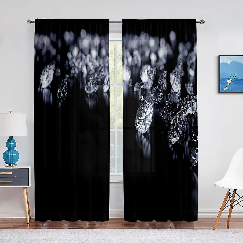 Falling Jewelry Diamonds On The Black Background Tulle Curtains for Living Room Bedroom Decor Chiffon Sheer Voile Window Curtain