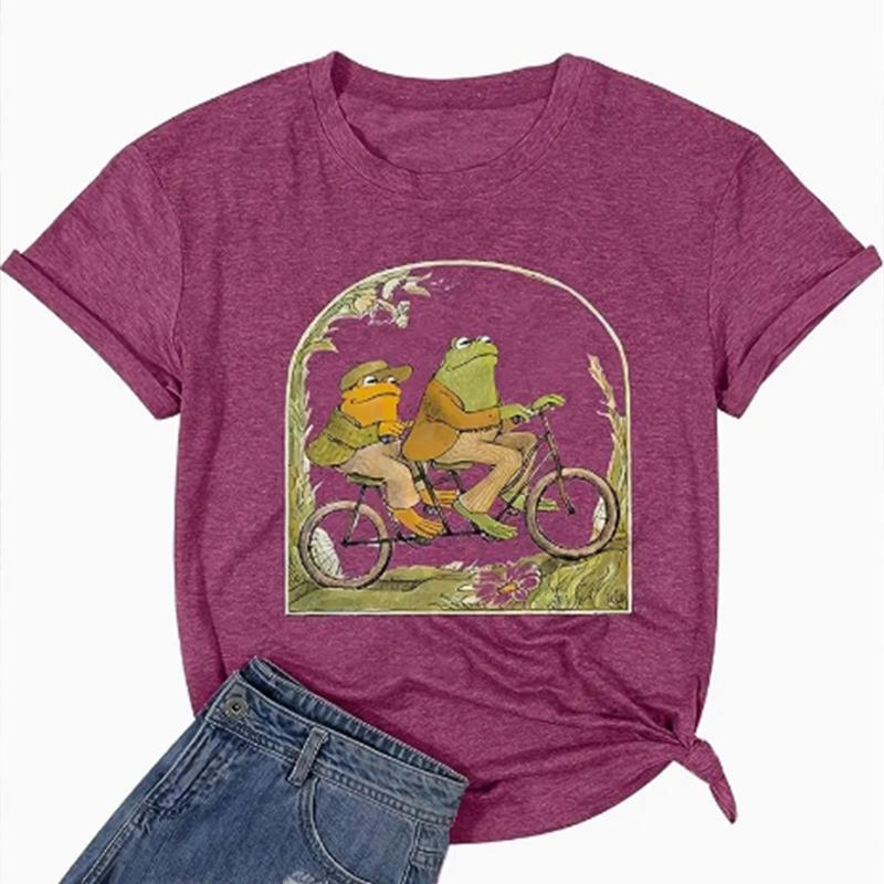 Tricou cu imprimeu cu bicicletă cu broaște de modă pentru femei