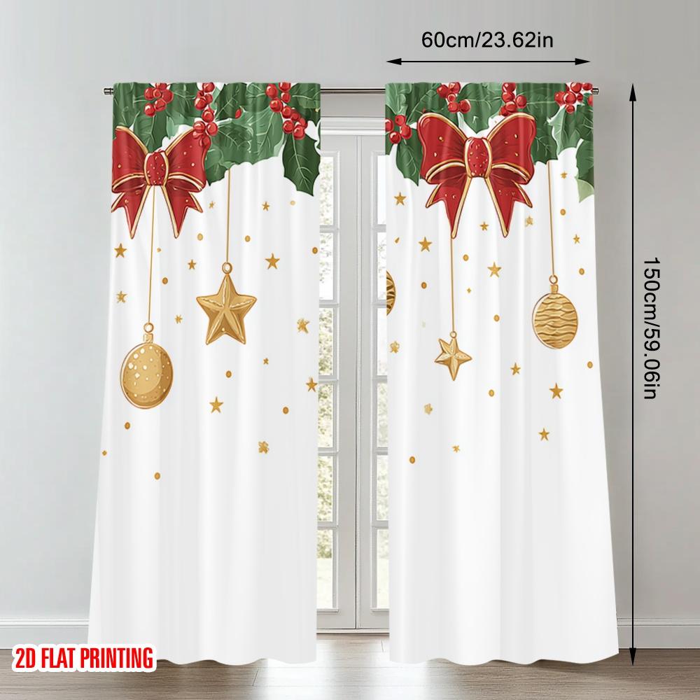 2pcs 2D flat printing Merry Christmas Curtains Christmas Holly Bow Stars Digital Printed Polyester Drapes Family Party Perfect