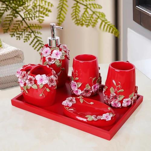 Resin Bathroom Set Toiletries Bathroom 5-piece Set with Rectangular Tray Lotion Bottle Toothbrush Holder Mouth Cup Soap Dish