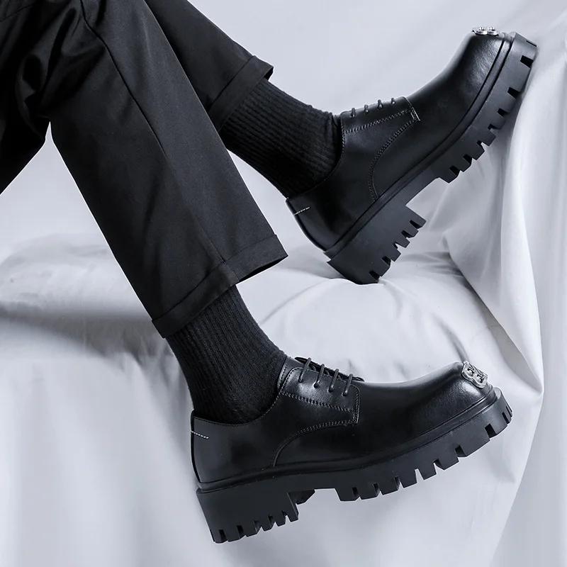 Men Casual Leather Shoes Fashion Derby Shoes Square Toe Trendy Designer Shoes for Men Sneaker Lace-up Thick Sole Heightened Shoe