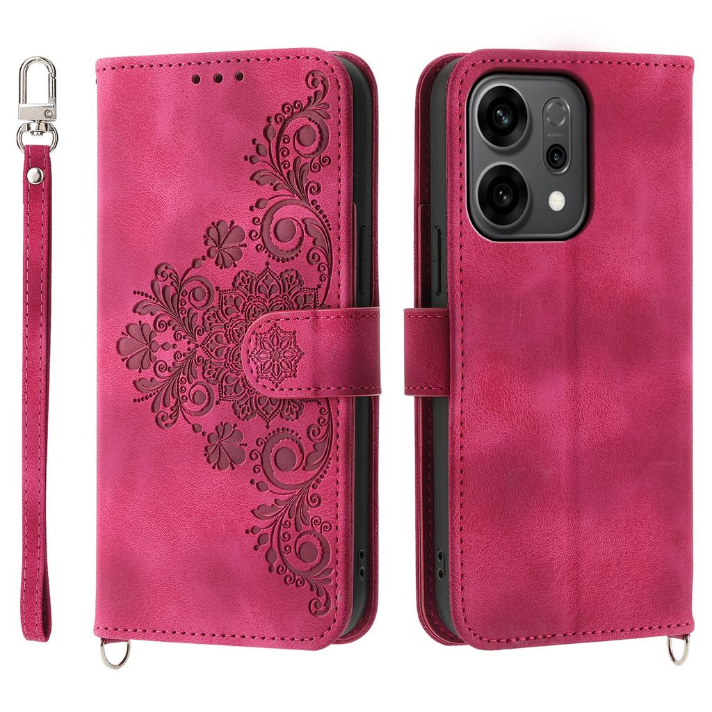 For Oppo Reno14 5G (Global) Case Flower Pattern PU Leather Wallet Phone Cover with Strap