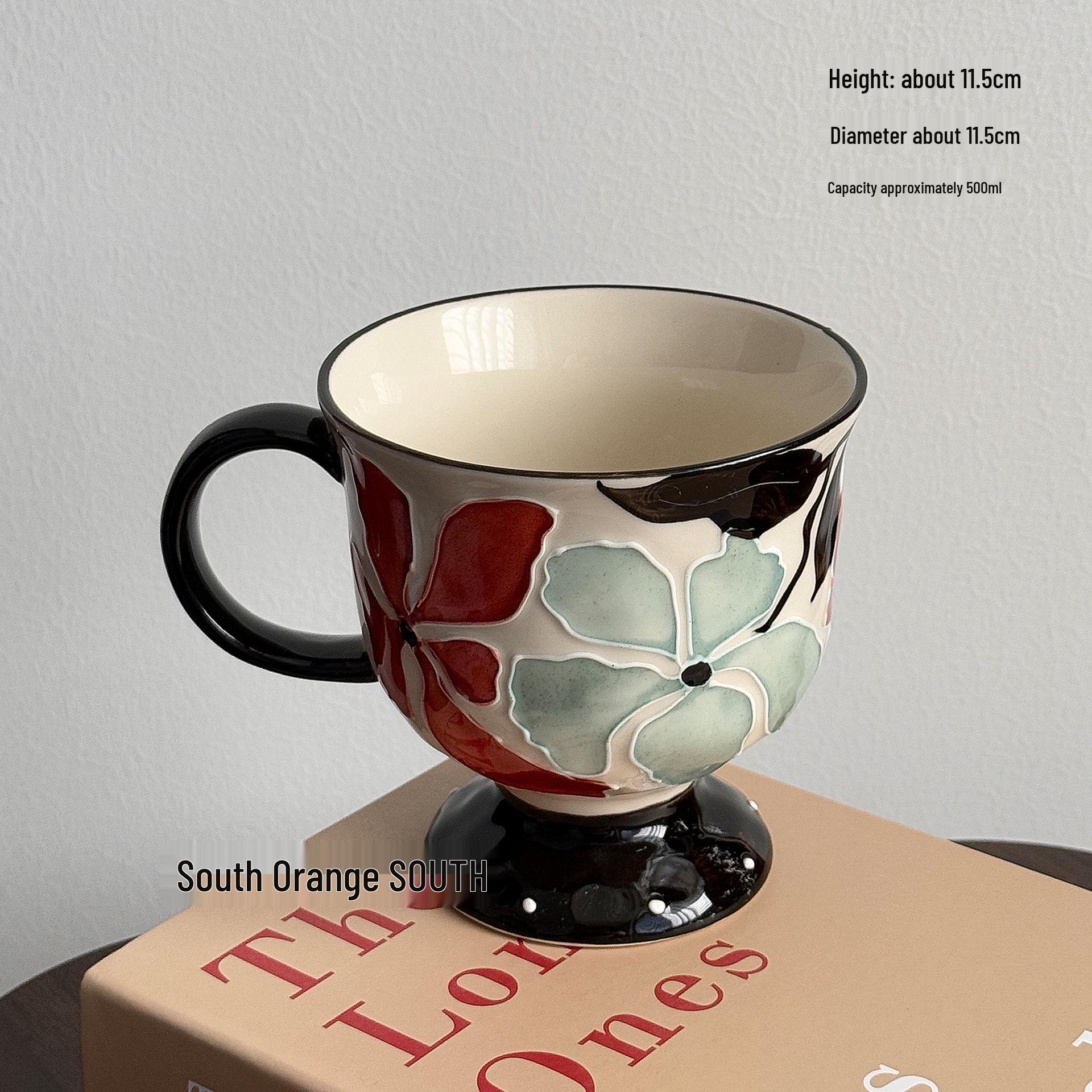 Retro Floral Embossed Ceramic Mug - Large Capacity Vintage Style Souvenir Gift 500ml