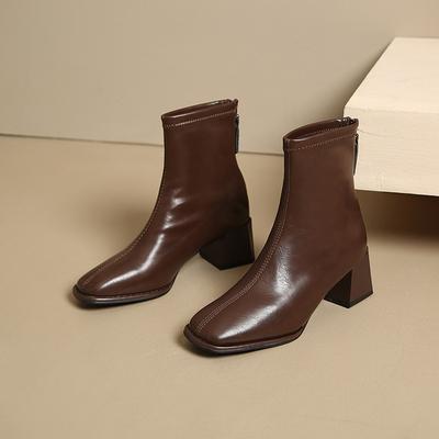 5566 Autumn and Winter Fashion Short Boots New Velvet Square Head Thick Heel Thin Rear Zipper Low Boots Women's Boots
