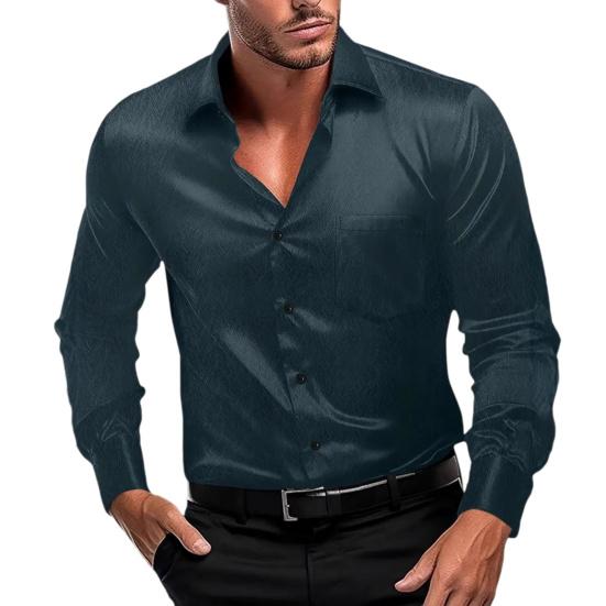 

Men Glossy Dress Shirt Turndown Collar Button Down Shirt Long Sleeve Formal Shirt M