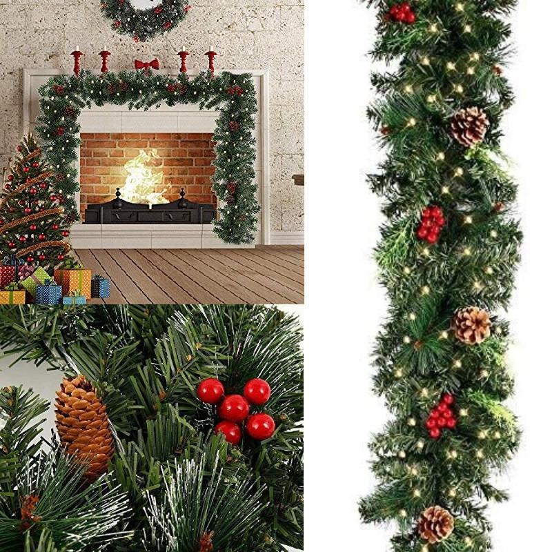 Garland 6ft Christmas Led Light Up Wreaths Red Berry Rattan Xmas Fireplace Decor