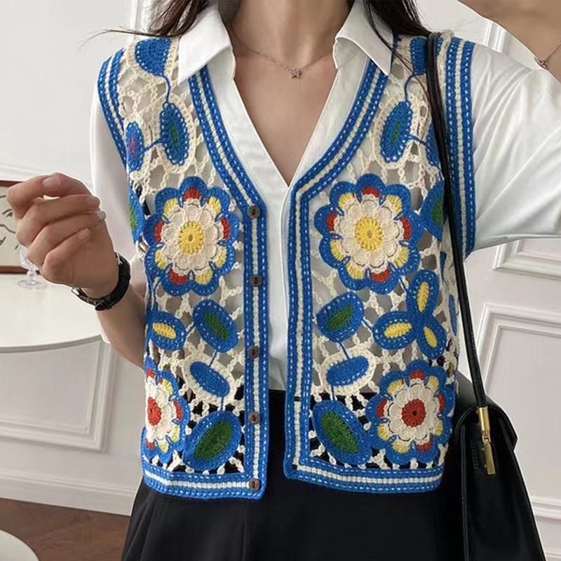 Gilet Femme Vintage Brodé Floral Sans Manches – Polyester, Taille L, Style Ouvert Court Pour été