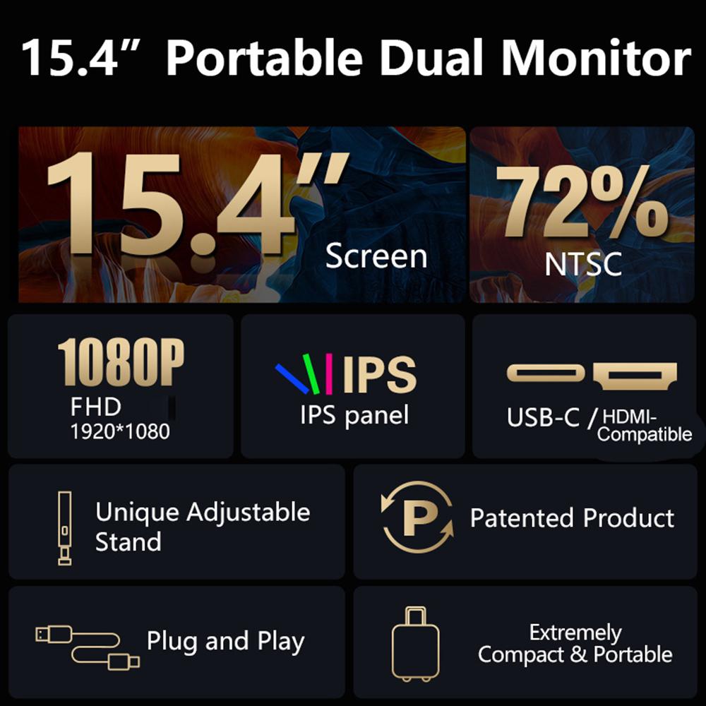 Dual-screen Monitor 15.4in Portable Display 1920x1080P FHD Screen Rotatable Laptop Display Extender for Gaming Editing Stock