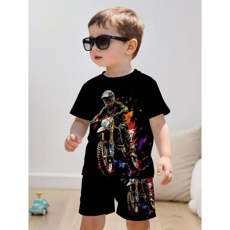 Set de 2 piese pentru copii, de vară, casual, sport, la modă, cu imprimeu model 3D, tricou cu gât rotund și pantaloni scurți