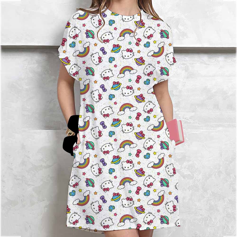Women's Long Tshirt Dress Summer Fashion Girl Hello Kitty Print Oversized Casual Round Neck Short Sleeved Mini T-shirt Dress