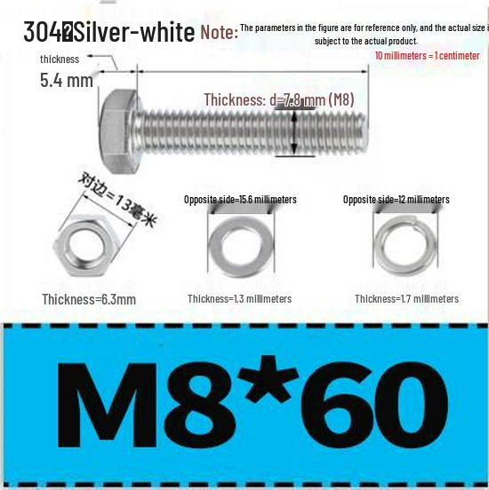 304 Stainless Steel Hex Head Bolt and Nut Set M6-M14, Lengths 8-100mm