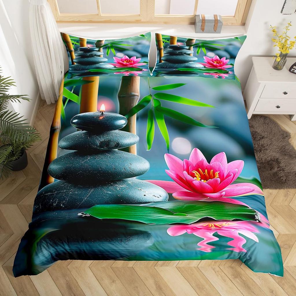 Zen Stones Duvet Cover Green Bamboo Fountain Bedding Set,Twin King,Spa Still Life Comforter Cover Natural Meditation Quilt Cover