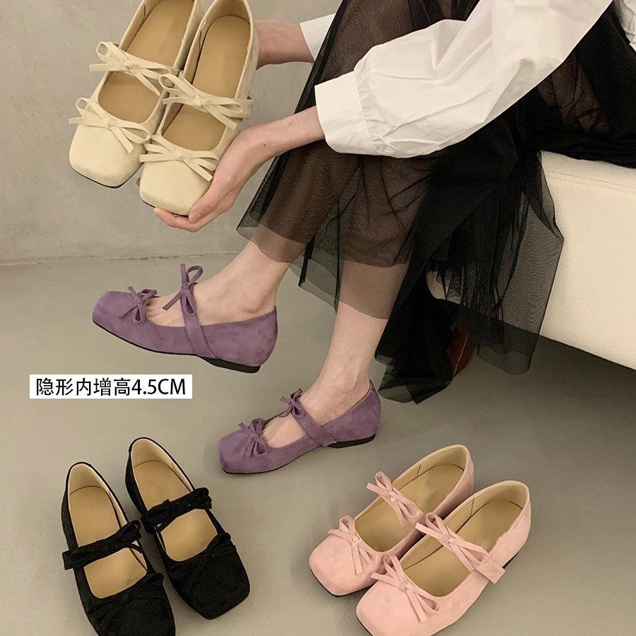 Inner height increase square head pink ballet single shoes female Korean version French bow fairy style Mary Jane shoes