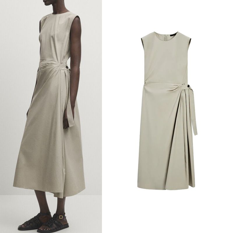 MD Spring New Fashion Temperament Waist-Controlled Drape Large Sleeveless Bow Tie Poplin Dress 6613613