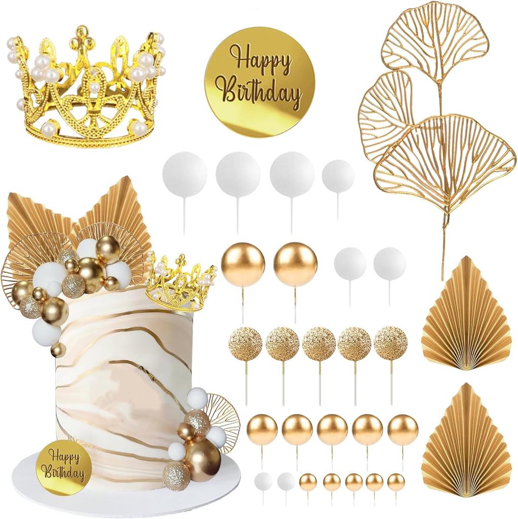 Balls Cake Toppers Crown Tiara Cake Topper Happy Birthday Cake Decorations for Birthday Boho Wedding Baby Shower Party Decor