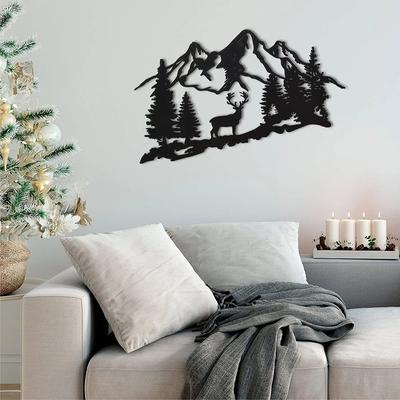 1 Stück Modernes Schwarzes Hirsch- & Baum-Metall-Wanddekor Atemberaubende Tier-Berg-Plakette Elegante Eisenkunst-Silhouette für Stilvolle Heimdekoration