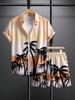 Men's Blue Ocean Palm Tree Print Short Shirt and Shorts Set, Hawaiian Beach Vacation Style Shirt Set