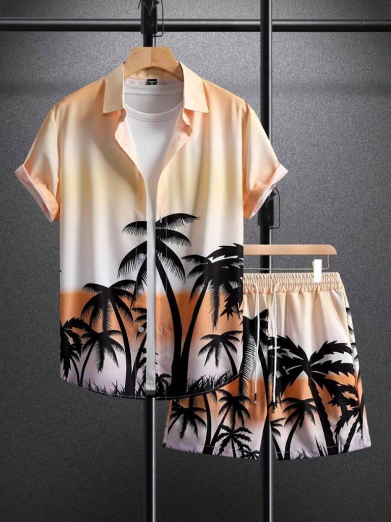 Men's Blue Ocean Palm Tree Print Short Shirt and Shorts Set, Hawaiian Beach Vacation Style Shirt Set