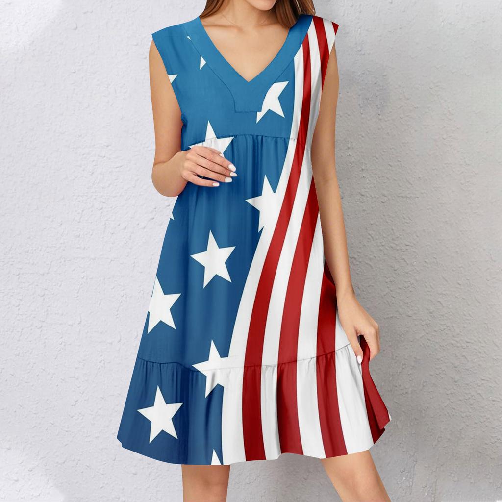 Womens Summer Dress Sleeveless V Neck  Independence Day Flag Print Short Dresses Fashion Casual Flowy Boho Ruffle A Line Swing Sundress