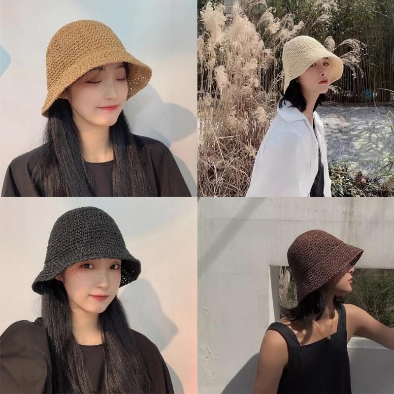 Natural Straw Summer Hat Packable Travel Handwoven Bucket Caps Sun Protection Beach Accessory