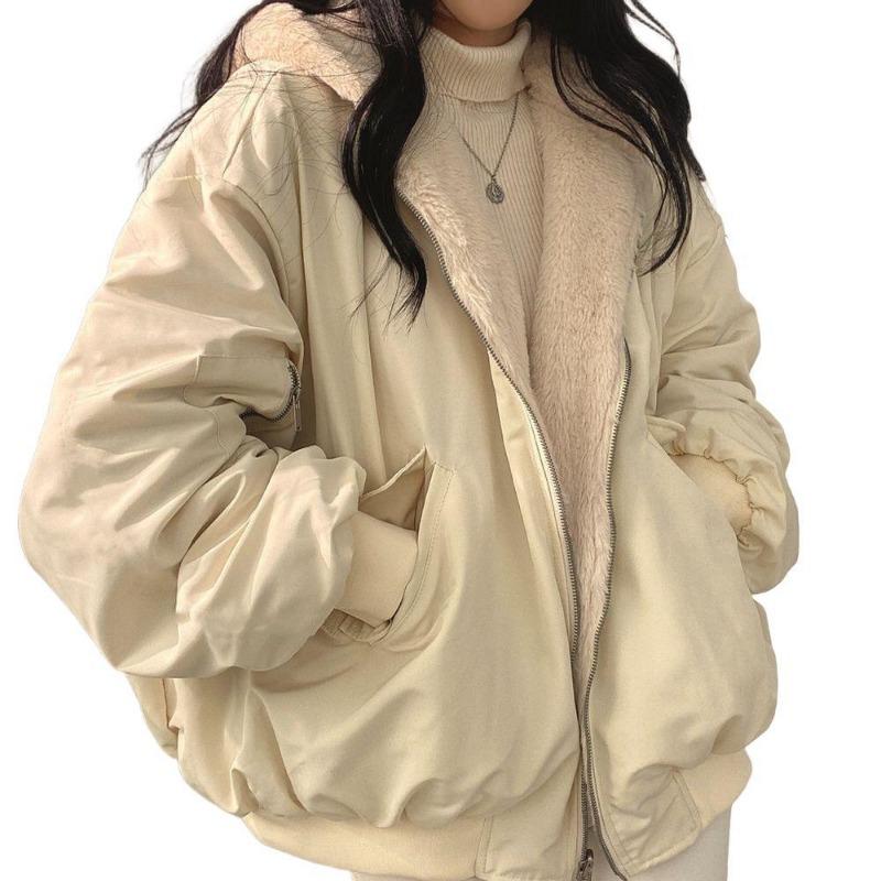 Winter new plush cotton clothes on both sides women's loose hooded plush thickened coat women's cotton jacket
