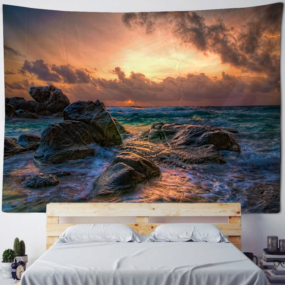 Sea view tapestry, sunrise and sunset coconut tree printed wall hanging cloth, home wall background, sofa covered blanket