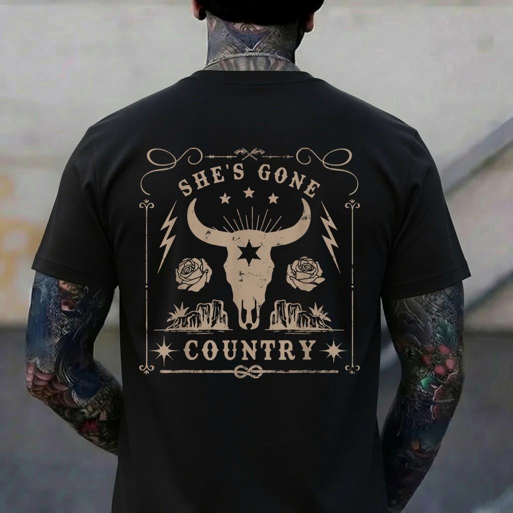 She s Gone Country Music Howdy Rodeo Bull Skull Western T-Shirt XL
