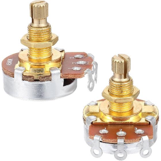 2 Pack Full Size Metric Guitar Bass Pots, 500k Potentiometer Brass Shaft Audio Taper Potentiometers, Guitar Potentiometer for Volume and Tone Short