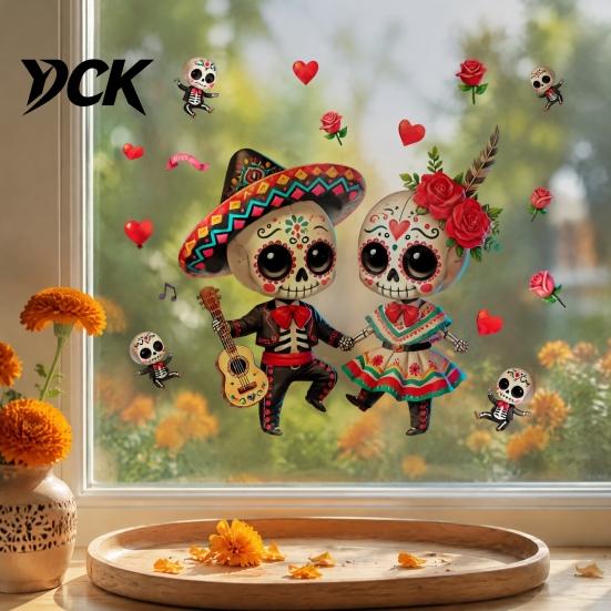 Easy Peel And Stick Murals Halloween Cartoon Skeleton Couple Window Stickers, Waterproof PVC Day of The Dead Static Decals, Traditional